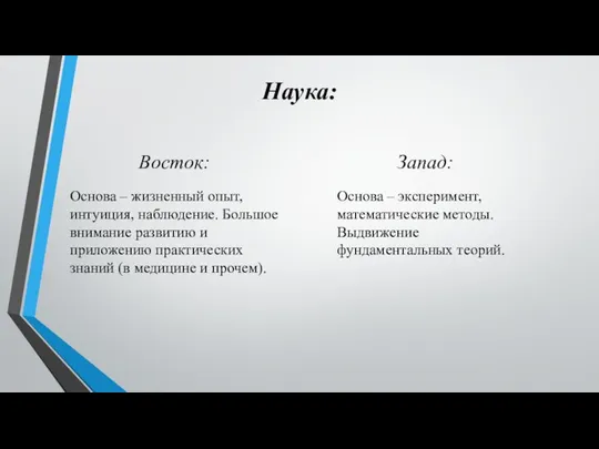 Наука: Восток: Основа – жизненный опыт, интуиция, наблюдение. Большое внимание развитию и