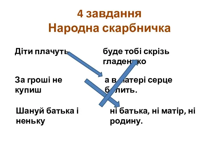 4 завдання Народна скарбничка Діти плачуть, За гроші не купиш Шануй батька