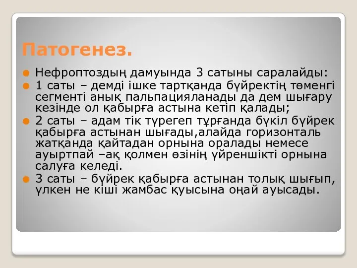 Патогенез. Нефроптоздың дамуында 3 сатыны саралайды: 1 саты – демді ішке тартқанда