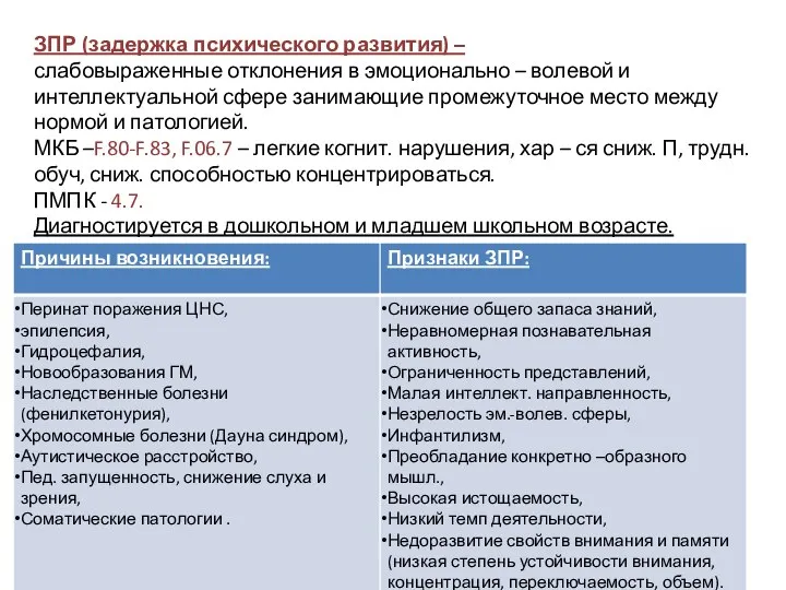 ЗПР (задержка психического развития) – слабовыраженные отклонения в эмоционально – волевой и