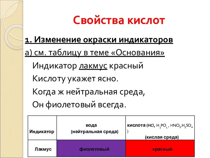 Свойства кислот 1. Изменение окраски индикаторов а) см. таблицу в теме «Основания»