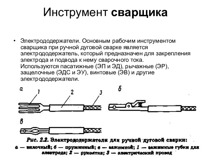 Инструмент сварщика Электрододержатели. Основным рабочим инструментом сварщика при ручной дуговой сварке является