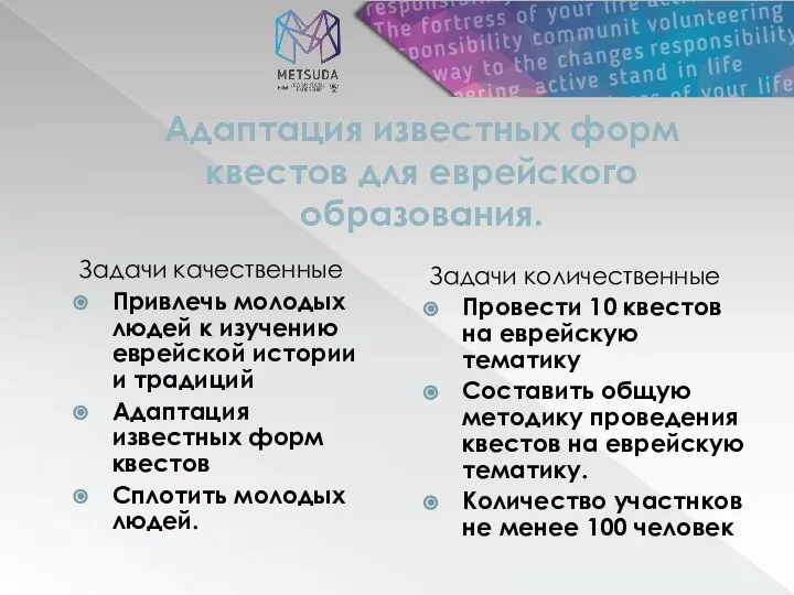 Адаптация известных форм квестов для еврейского образования. Задачи качественные Привлечь молодых людей