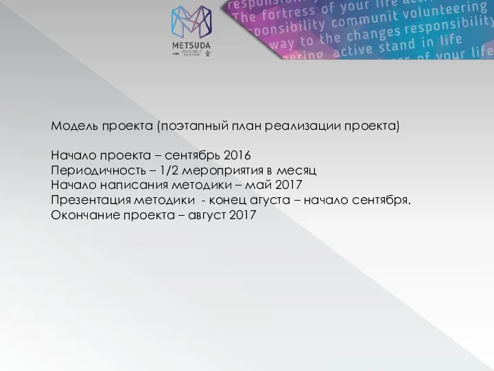 Модель проекта (поэтапный план реализации проекта) Начало проекта – сентябрь 2016 Периодичность