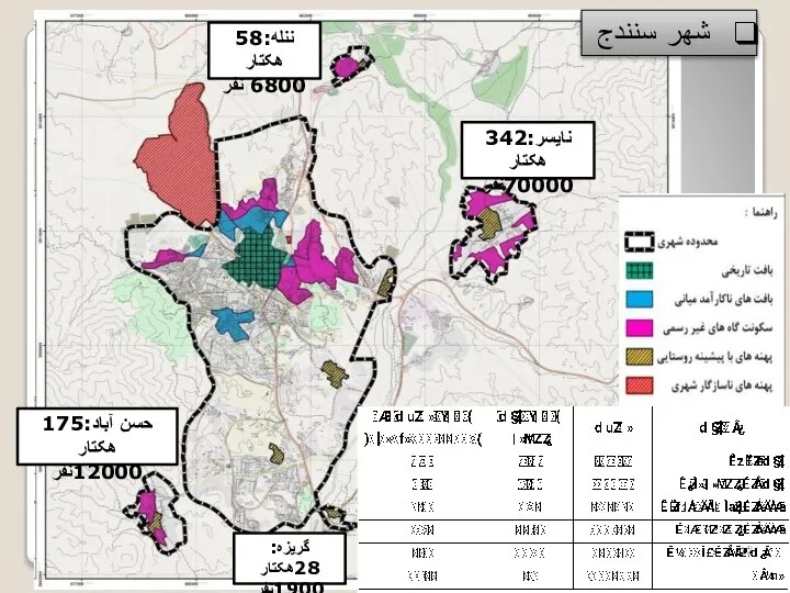 شهر سنندج ننله:58 هکتار 6800 نفر نایسر:342 هکتار 70000نفر حسن آباد:175 هکتار 12000نفر گریزه: 28هکتار 1900نفر