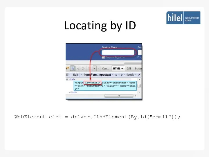Locating by ID WebElement elem = driver.findElement(By.id("email"));