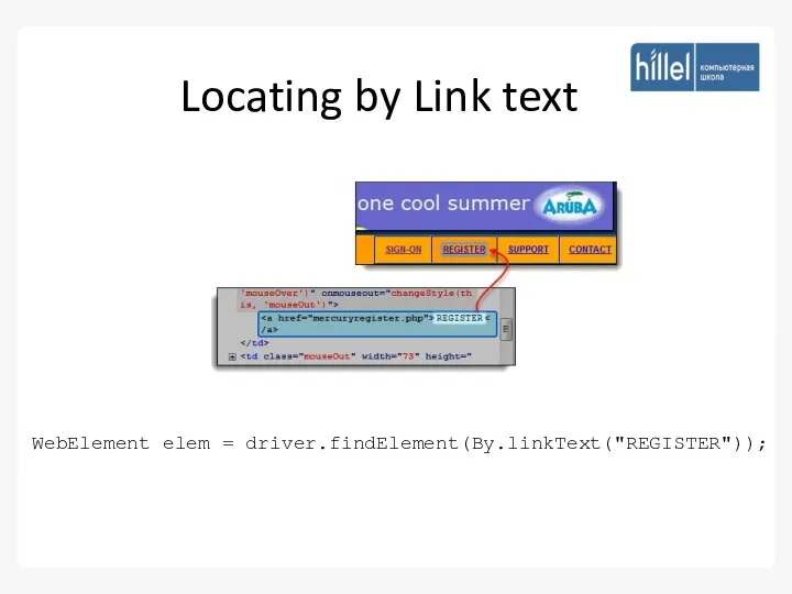 Locating by Link text WebElement elem = driver.findElement(By.linkText("REGISTER"));