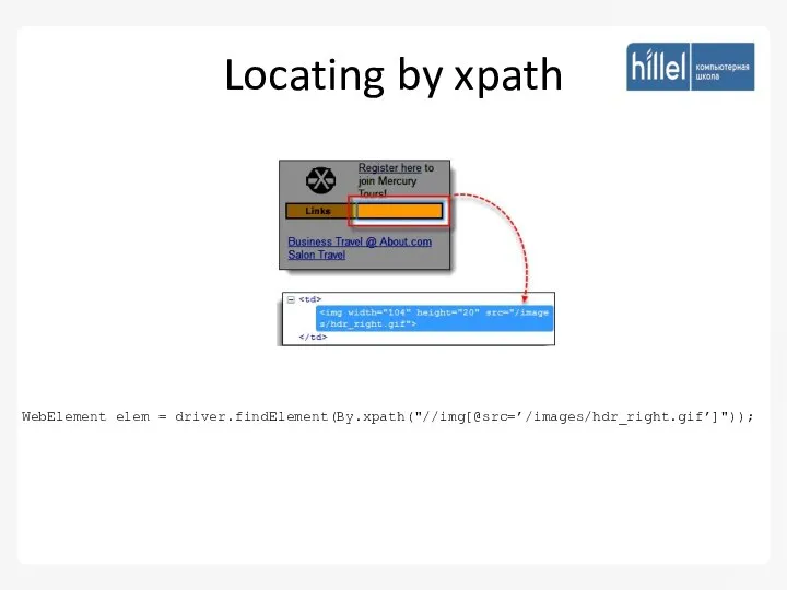 Locating by xpath WebElement elem = driver.findElement(By.xpath("//img[@src=’/images/hdr_right.gif’]"));