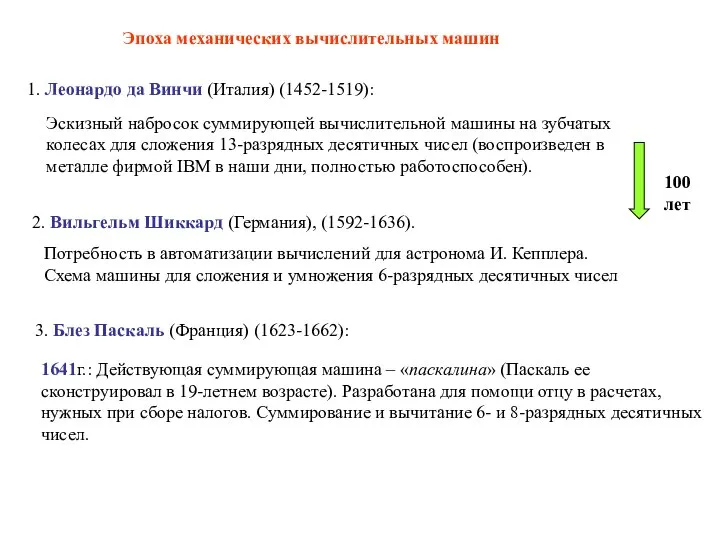 1. Леонардо да Винчи (Италия) (1452-1519): Эскизный набросок суммирующей вычислительной машины на