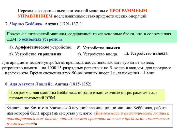 Переход к созданию вычислительной машины с ПРОГРАММНЫМ УПРАВЛЕНИЕМ последовательностью арифметических операций 7.