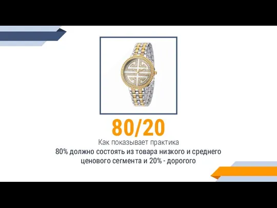 80/20 Как показывает практика 80% должно состоять из товара низкого и среднего