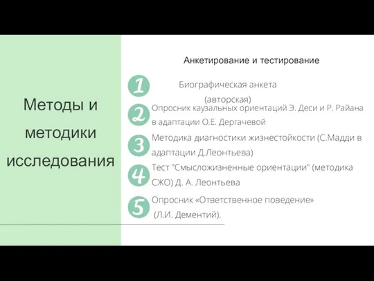 Методы и методики исследования Анкетирование и тестирование Биографическая анкета (авторская) Опросник каузальных