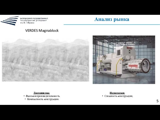 Анализ рынка 5 Недостатки: Сложность конструкции; VERDES Magnablock Достоинства: Высокая производительность. Компактность конструкции.