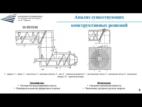 Анализ существующих конструктивных решений 8 1 – корпус; 2 – шнек; 3