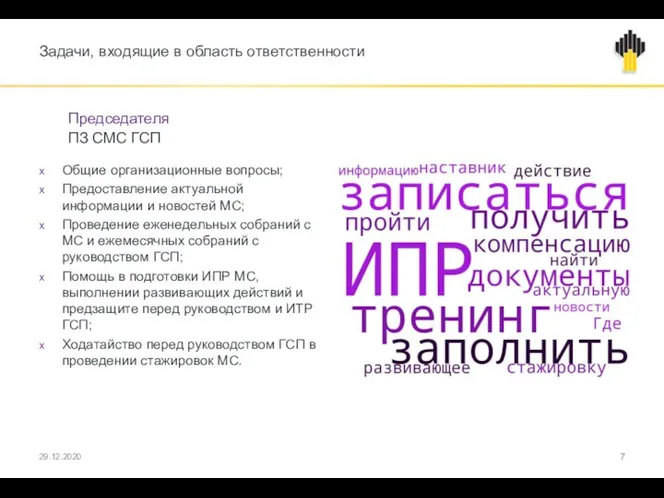 Задачи, входящие в область ответственности Председателя ПЗ СМС ГСП Общие организационные вопросы;