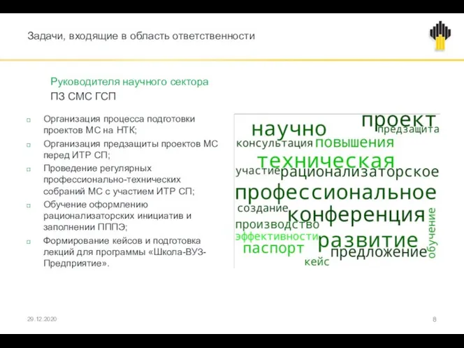 Задачи, входящие в область ответственности Руководителя научного сектора ПЗ СМС ГСП Организация