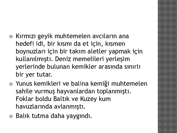 Kırmızı geyik muhtemelen avcıların ana hedefi idi, bir kısmı da et için,