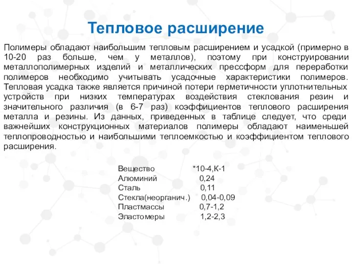 Полимеры обладают наибольшим тепловым расширением и усадкой (примерно в 10-20 раз больше,