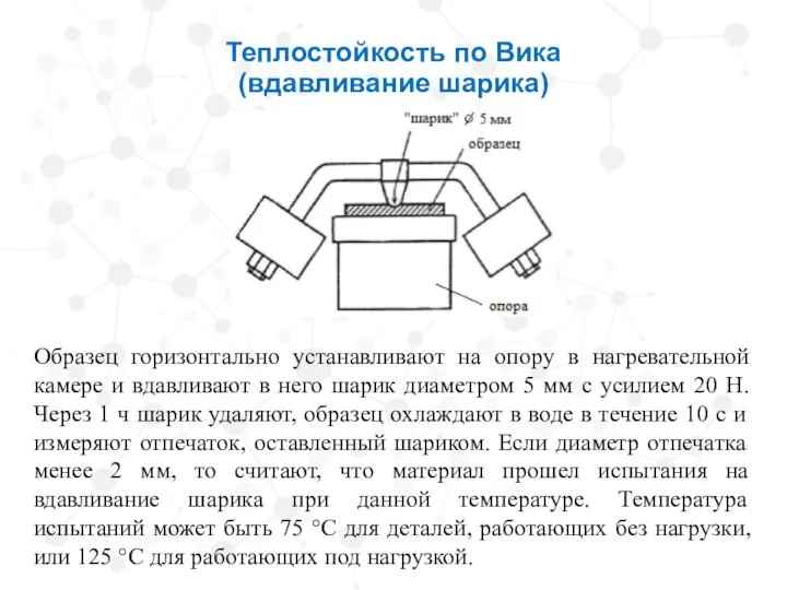 Теплостойкость по Вика (вдавливание шарика) Образец горизонтально устанавливают на опору в нагревательной