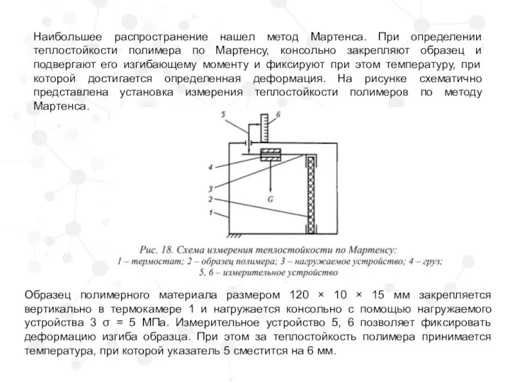 Наибольшее распространение нашел метод Мартенса. При определении теплостойкости полимера по Мартенсу, консольно