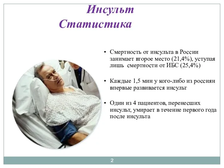 Инсульт Статистика Смертность от инсульта в России занимает второе место (21,4%), уступая