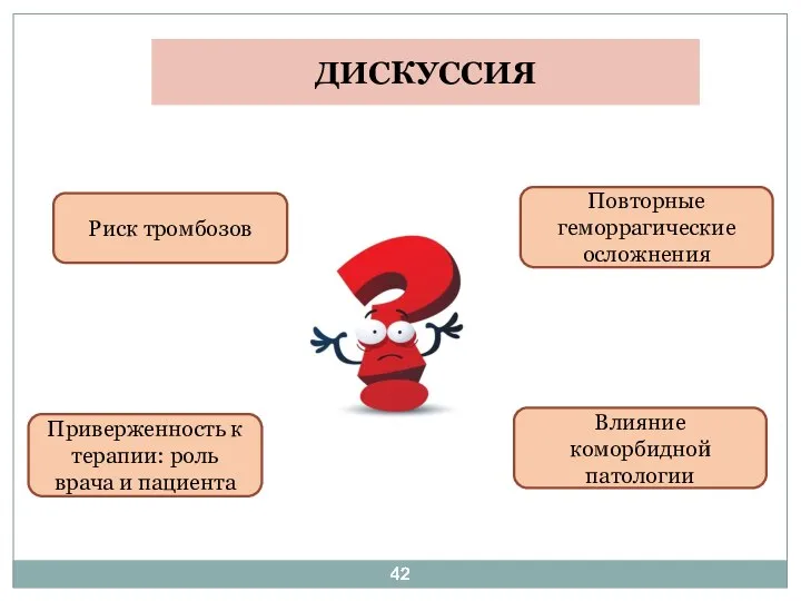 ДИСКУССИЯ Приверженность к терапии: роль врача и пациента Риск тромбозов Влияние коморбидной патологии Повторные геморрагические осложнения