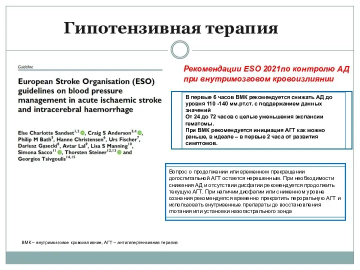 Гипотензивная терапия В первые 6 часов ВМК рекомендуется снижать АД до уровня