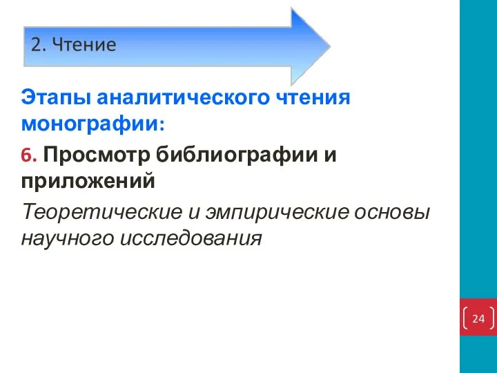 Этапы аналитического чтения монографии: 6. Просмотр библиографии и приложений Теоретические и эмпирические основы научного исследования