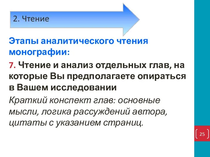 Этапы аналитического чтения монографии: 7. Чтение и анализ отдельных глав, на которые