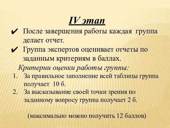 IV этап После завершения работы каждая группа делает отчет. Группа экспертов оценивает