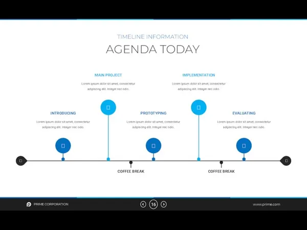 AGENDA TODAY TIMELINE INFORMATION PRIME CORPORATION www.prime.com INTRODUCING Lorem ipsum dolor sit