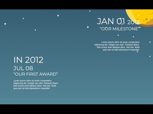 JAN 01 2012 “OUR MILESTONE” Lorem ipsum dolor sit amet, consectetur adipiscing