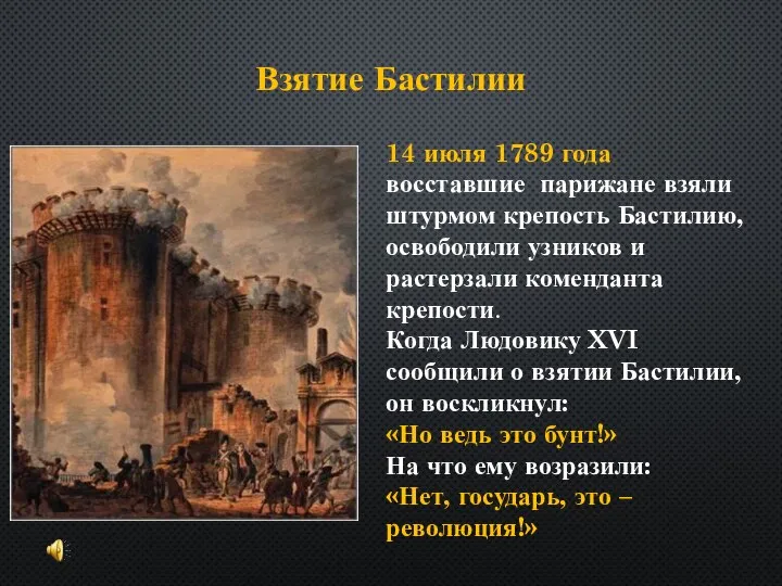 Взятие Бастилии 14 июля 1789 года восставшие парижане взяли штурмом крепость Бастилию,