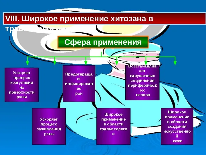 VIII. Широкое применение хитозана в травматологии Сфера применения Предотвращает инфицирование ран Широкое