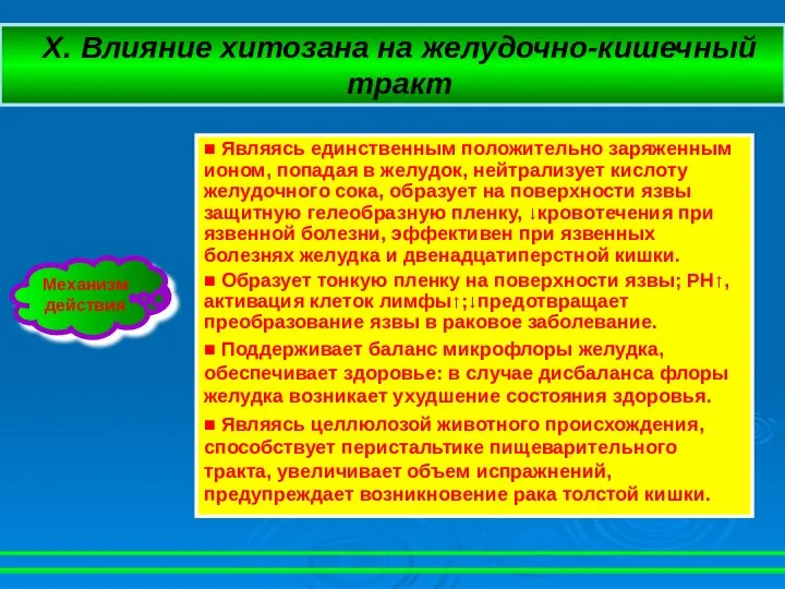 X. Влияние хитозана на желудочно-кишечный тракт ■ Являясь единственным положительно заряженным ионом,