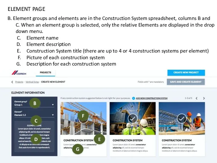 ELEMENT PAGE B. Element groups and elements are in the Construction System