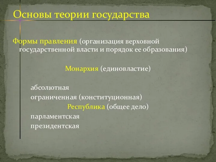 Формы правления (организация верховной государственной власти и порядок ее образования) Монархия (единовластие)