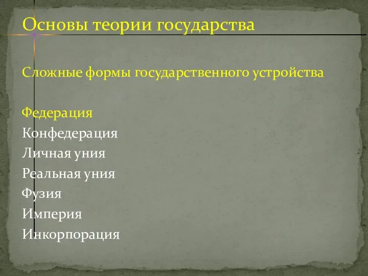 Сложные формы государственного устройства Федерация Конфедерация Личная уния Реальная уния Фузия Империя Инкорпорация Основы теории государства