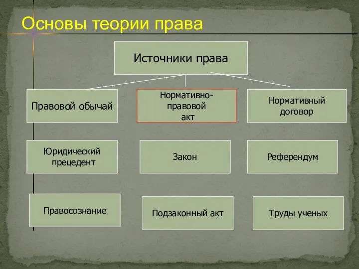 Основы теории права Правовой обычай Нормативно-правовой акт Нормативный договор Юридический прецедент Правосознание