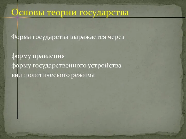 Форма государства выражается через форму правления форму государственного устройства вид политического режима Основы теории государства