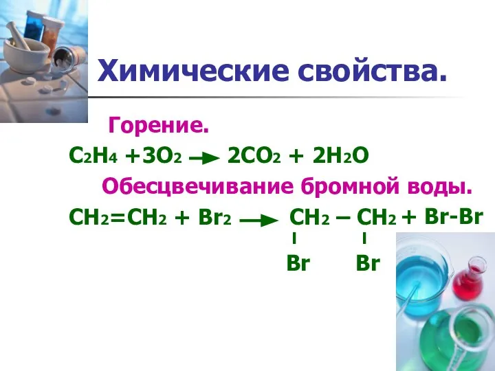 Химические свойства. Горение. С2Н4 +3О2 2СО2 + 2Н2О Обесцвечивание бромной воды. СН2=СН2