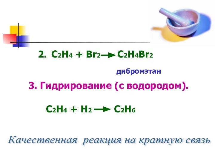 2. С2Н4 + Br2 C2H4Br2 дибромэтан 3. Гидрирование (с водородом). С2Н4 +