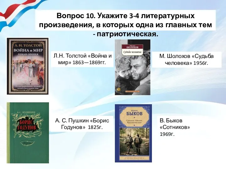 Вопрос 10. Укажите 3-4 литературных произведения, в которых одна из главных тем