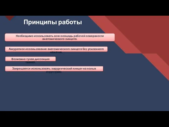 Принципы работы Необходимо использовать всю площадь рабочей поверхности анатомического пинцета. Возможна тупая