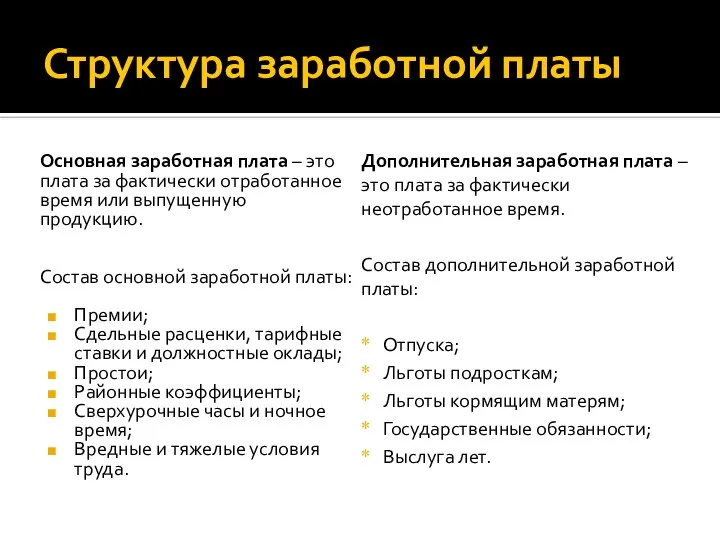 Структура заработной платы Основная заработная плата – это плата за фактически отработанное