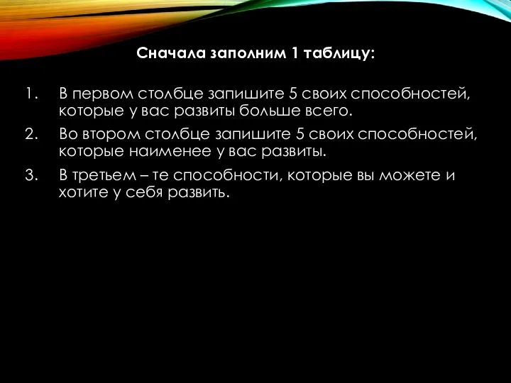 Сначала заполним 1 таблицу: В первом столбце запишите 5 своих способностей, которые