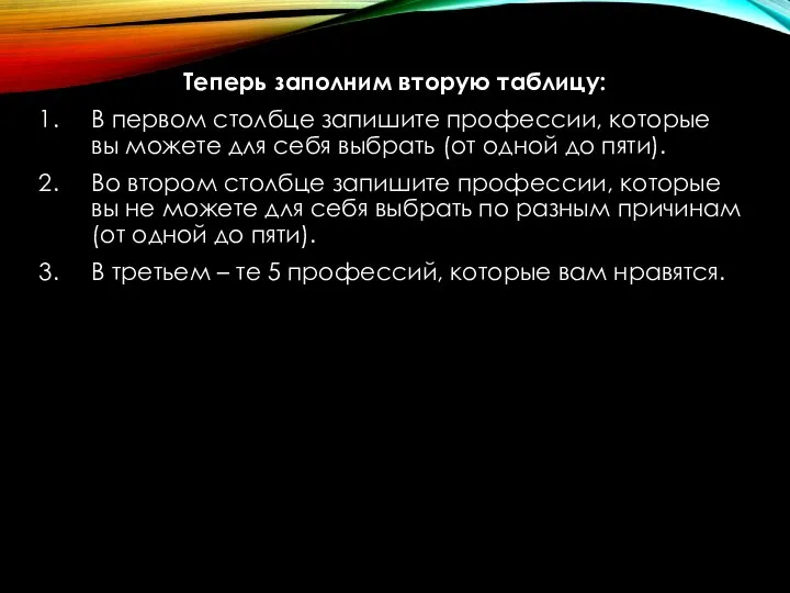 Теперь заполним вторую таблицу: В первом столбце запишите профессии, которые вы можете