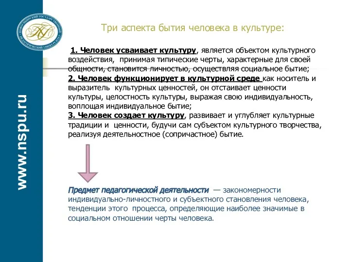 www.nspu.ru Три аспекта бытия человека в культуре: 1. Человек усваивает культуру, является