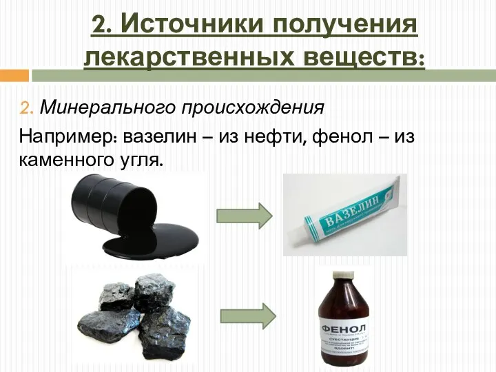 2. Источники получения лекарственных веществ: 2. Минерального происхождения Например: вазелин – из