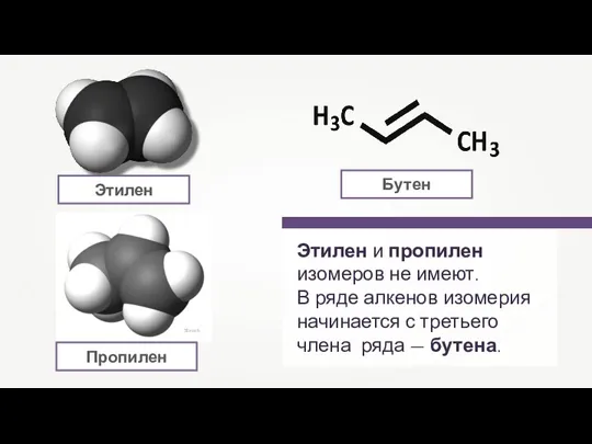 Этилен Sbrools Пропилен Бутен Этилен и пропилен изомеров не имеют. В ряде